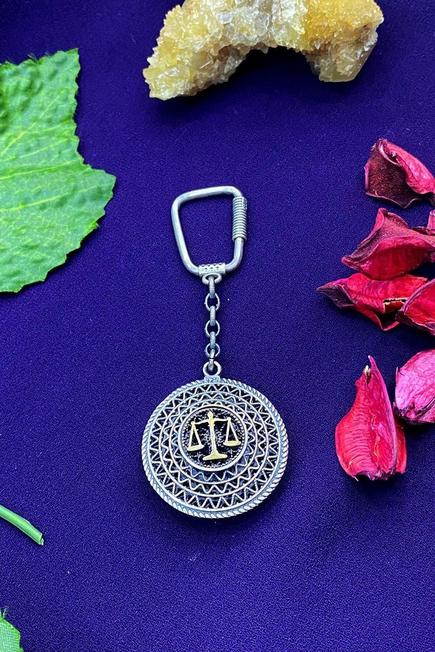 Justice Scales Emblem Filigree Embroidered Silver Keychain Gift for Prosecutor Judge Lawyer