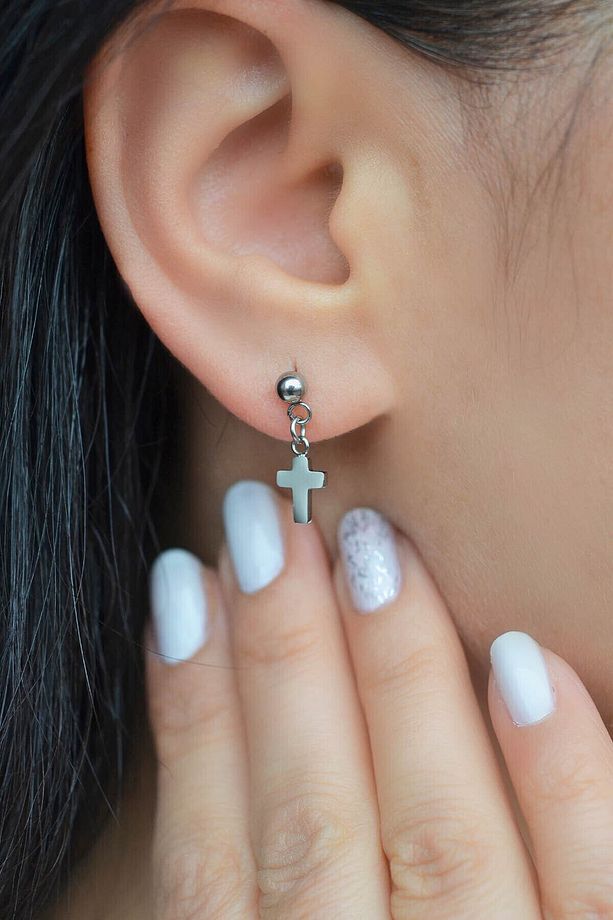Cerrahi Çelik Haç Piercing Kıkırdak Helix Minimal Küpe Cross Küpe - 2