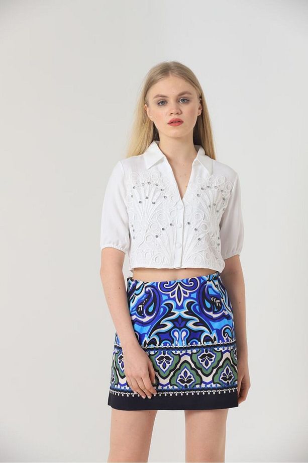 Toptan Gömlek/s:2 / M:2 / L:1 / Xl:1= 6 Adet Krem Yaprak Desenli Taşlı Gömlek - 2