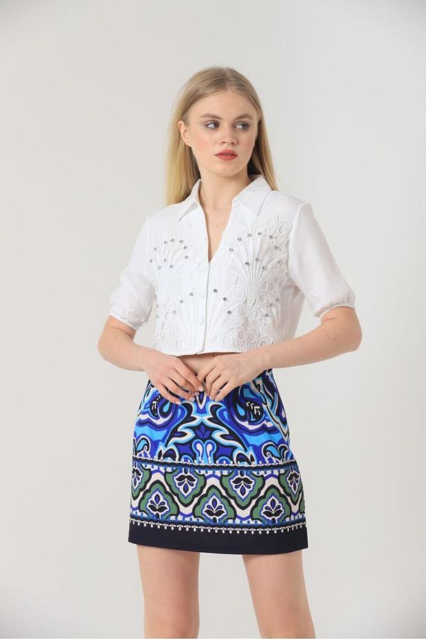 Toptan Gömlek/s:2 / M:2 / L:1 / Xl:1= 6 Adet Krem Yaprak Desenli Taşlı Gömlek - 3