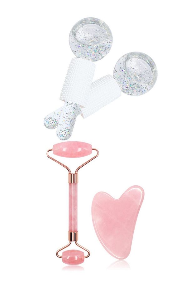 Ice Globes Buz Küresi Soğuk Masaj Topu 2 Adet Ve Pembe Kuvars Face Roller &Pembe Kuvars Kalp Gua Sha - 1