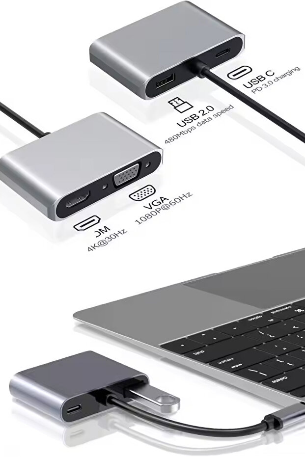 Type-C HDMI VGA USB 3.0 Dönüştürücü 4 In 1 Video Dönüştürücü Çoklu Type-C Monitör Dönüştürücü - 3