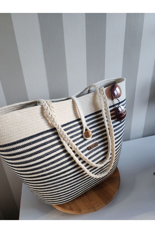 Handmade beach bag, straw beach bag, rope bag, rope bag, shoulder bag navy blue, ecru