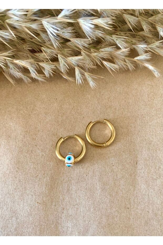 Gold Color Steel Hoop Earrings with Evil Eye Beads