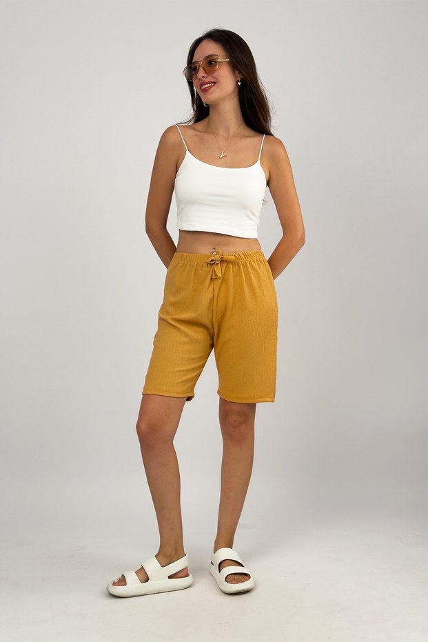 Women's Elastic Waist Wide Leg Oversize Wrinkled Fabric Shorts Mustard