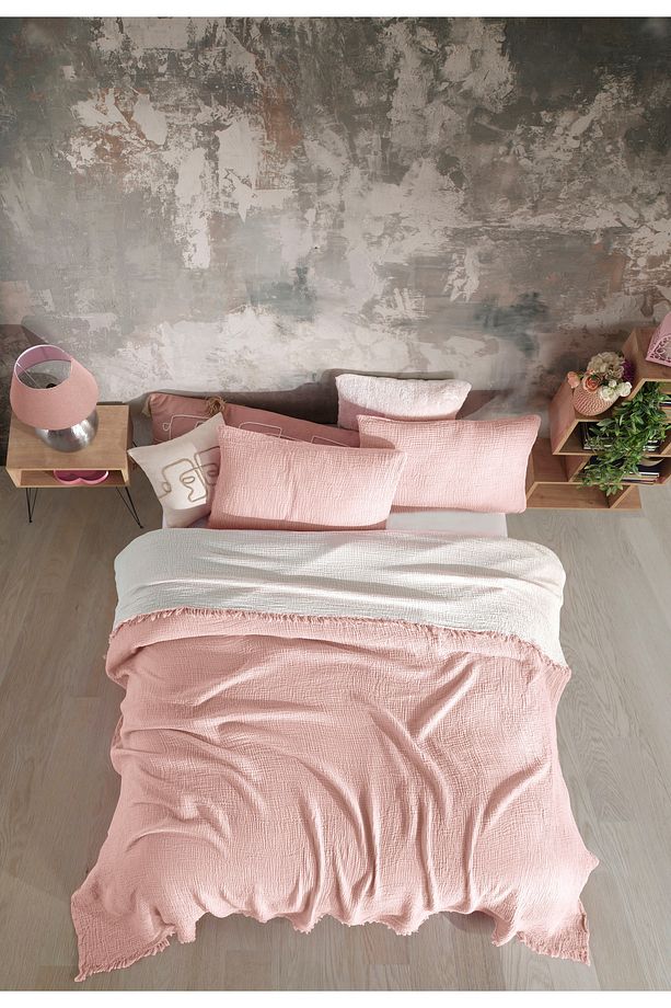 Pembe Renkli 4 Katlı Multi Muslin %100 Pamuk Tek Kişillik Yatak Örtüsü 160x240cm - 1