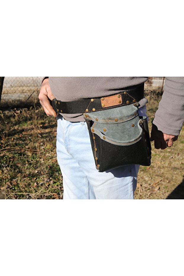 % Genuine Leather Waist Belt with Pockets and 2 Pockets for Nails and Screws