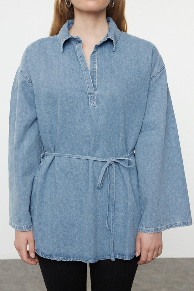 Mavi Oversize Bağlamalı Denim Gömlek TWOAW25GO00082 - 4