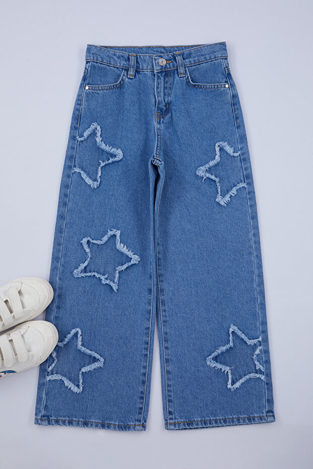 Mavi Kız Çocuk Geniş Paça Yıldız Desenli %100 Pamuk Lastikli Denim Pantolon TKDAW25PL00001 - 9