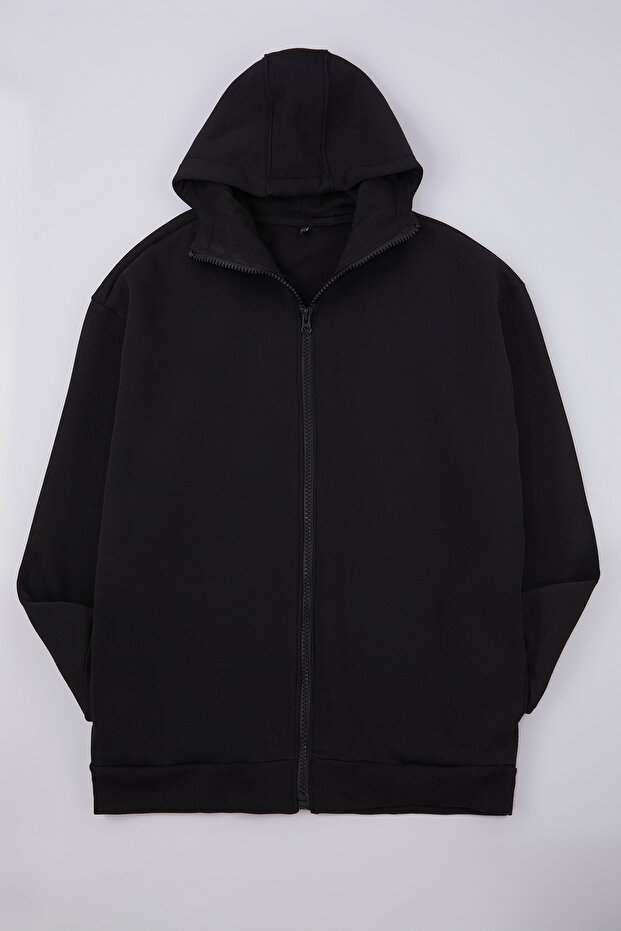 Büyük Beden Siyah Oversize/Geniş Kesim Fermuarlı Kapüşonlu Pamuklu Sweatshirt TMNAW25AO00029 - 2
