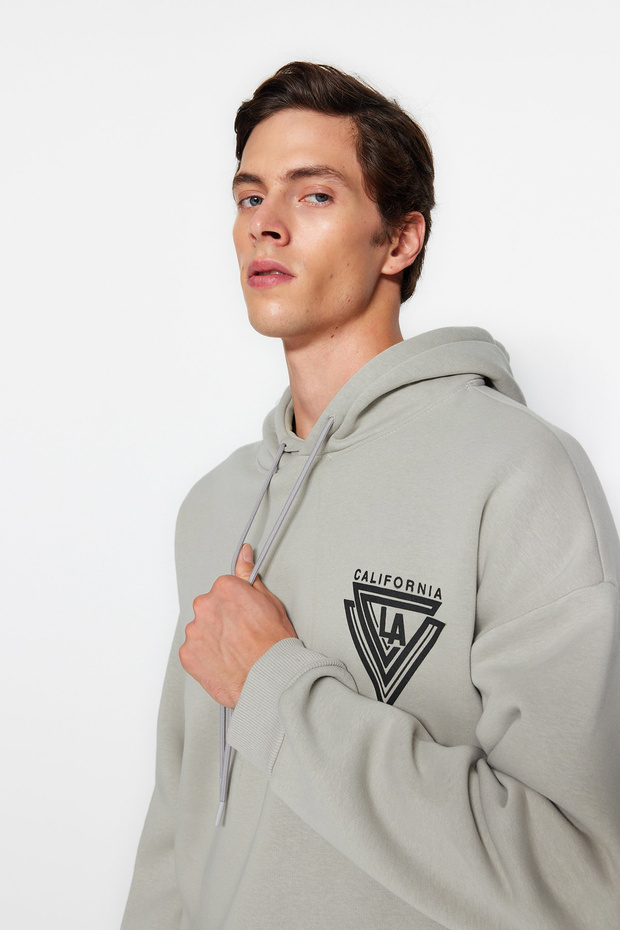 Gray Hooded Oversize/Wide Cut College Printed Cotton Fleece Inside Sweatshirt Tmnaw24Sw00063