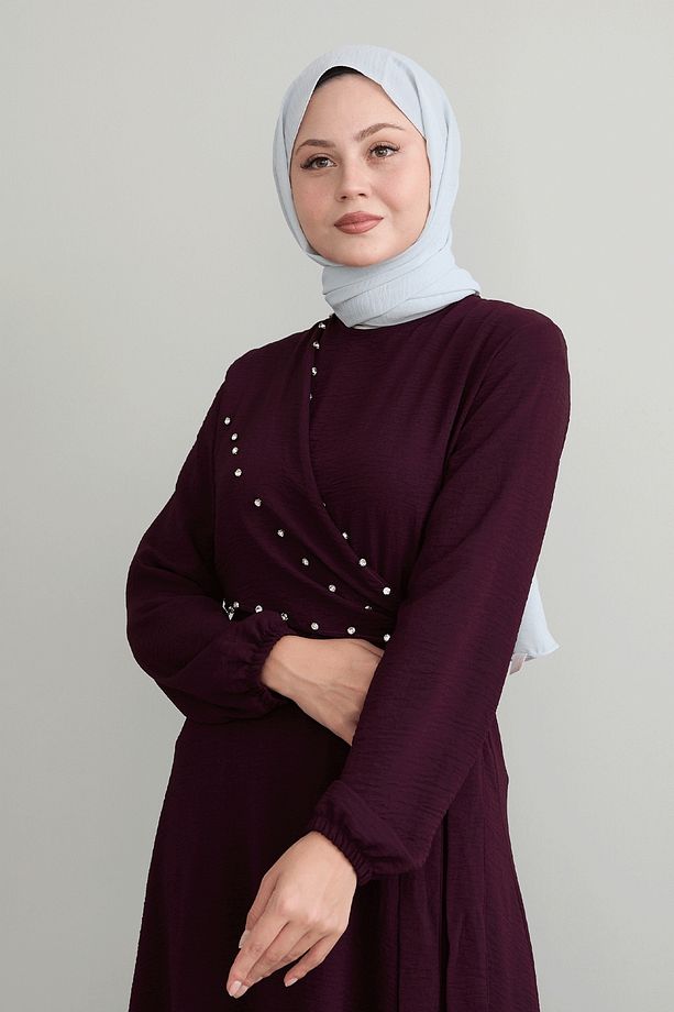 İncili Önü Bağlamalı Mürdüm Ayrobin Elbise - 3