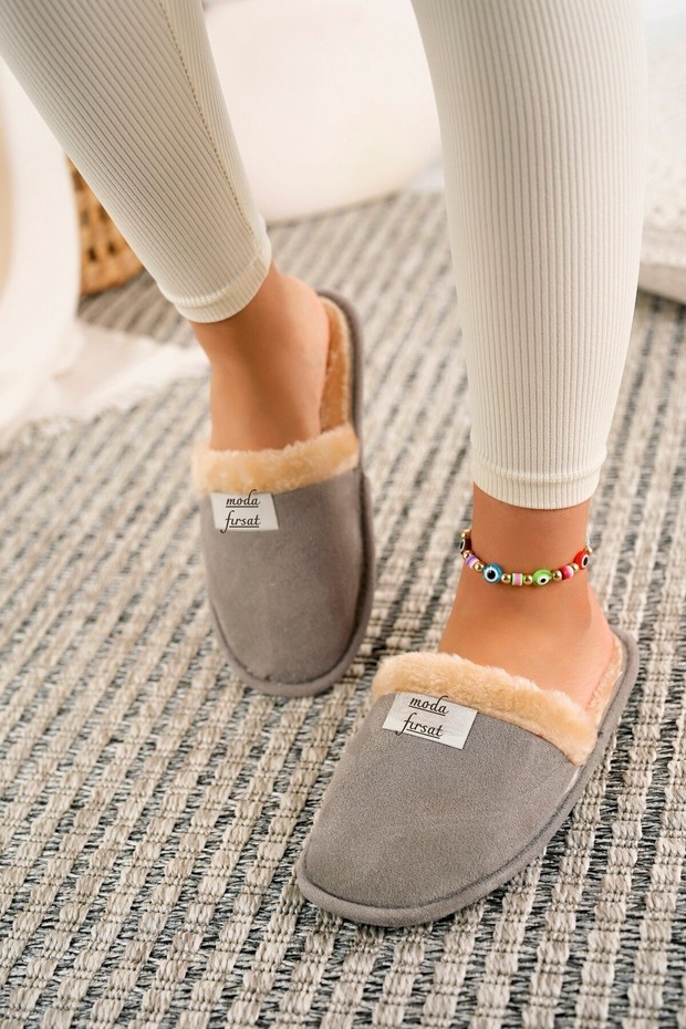 İçi Kürklü Ev Terliği Peluş Yıkanabilir Yünlü Kadın Terlik Misafir Çeyiz Bohça Gelin Terliği - 2