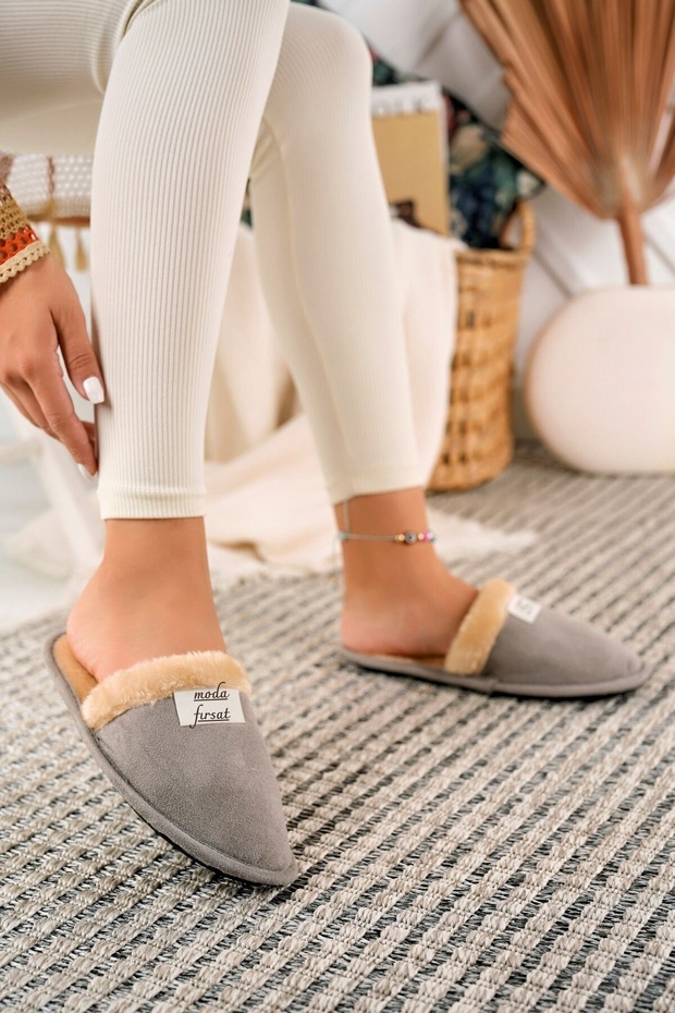 İçi Kürklü Ev Terliği Peluş Yıkanabilir Yünlü Kadın Terlik Misafir Çeyiz Bohça Gelin Terliği - 3