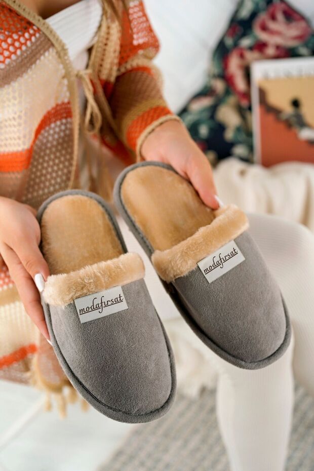 İçi Kürklü Ev Terliği Peluş Yıkanabilir Yünlü Kadın Terlik Misafir Çeyiz Bohça Gelin Terliği - 1