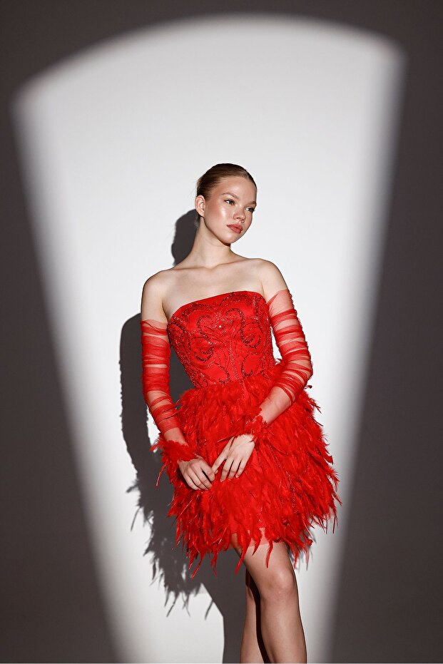 Otrişli Kırmızı Straplez Mini Elbise - 1