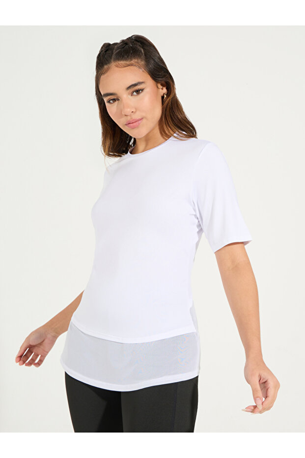 Solid Mesh Hem Front & Back Short Sleeve Top - 1