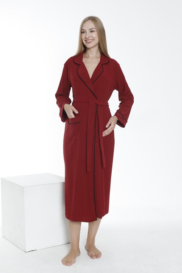 Long Maternity and Postpartum Wrinkled Fabric Dressing Gown with Collar and Sleeve Ribbon Detail