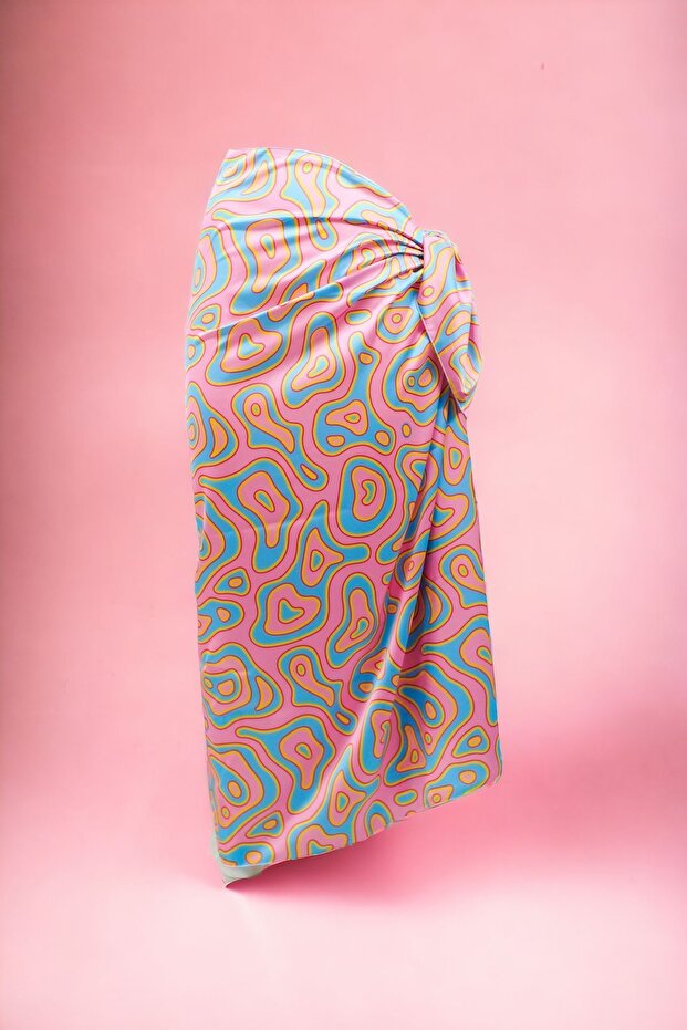 New Season - Pink Turquoise Geometric Patterned Satin Women's Beach Dress