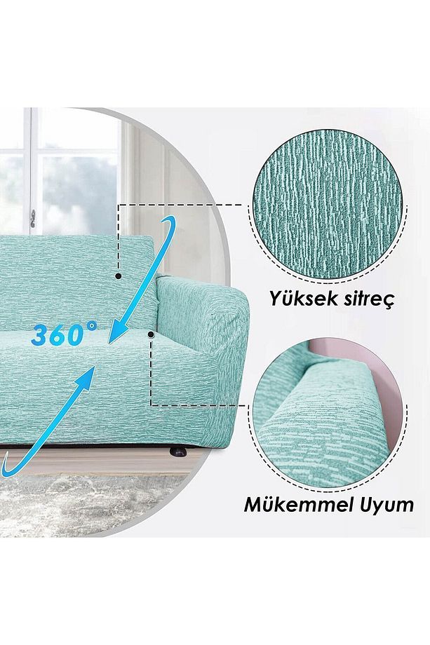Jakarlı 3 3 1 1 Mint Lastikli Kanepe Örtüsü | Lastikli Koltuk Örtüsü | koltuk kılıfı Takımı - 6