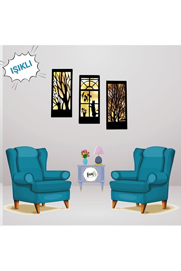 AHŞAP PERİ LEDLİ IŞIKLI 3 LÜ TABLO - 3