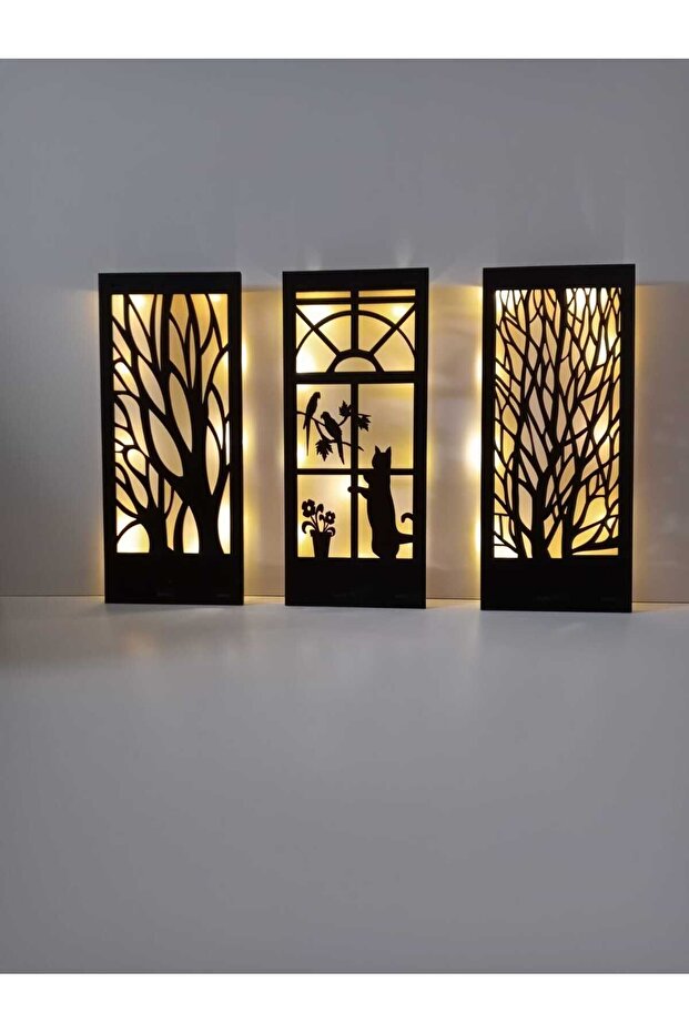 AHŞAP PERİ LEDLİ IŞIKLI 3 LÜ TABLO - 4