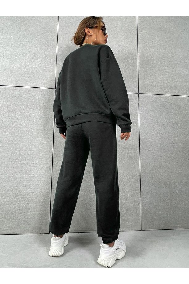 Basic Kalın Kışlık Sweatshirt Eşofman Altı Jogger - Siyah Alt Üst Eşofman Takımı Bisiklet Yaka - 2