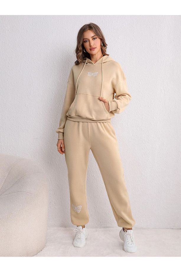 Kelebek Sweatshirt Eşofman Altı Jogger - Bej Baskılı Alt Üst Eşofman Takımı Kapüşonlu - 3