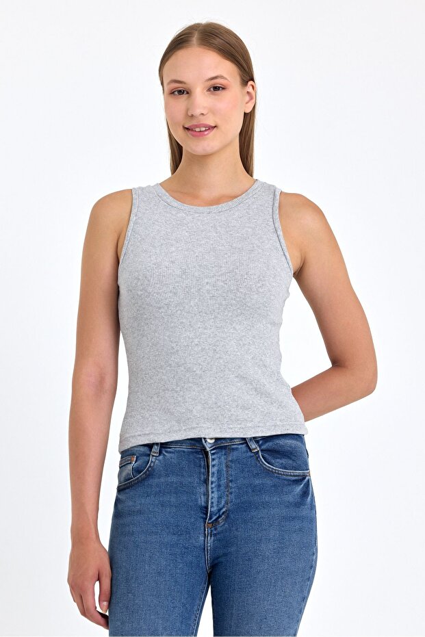 Women's Halter Neck Strap Sleeveless Ribbed Gray Basic Crop Tank Top