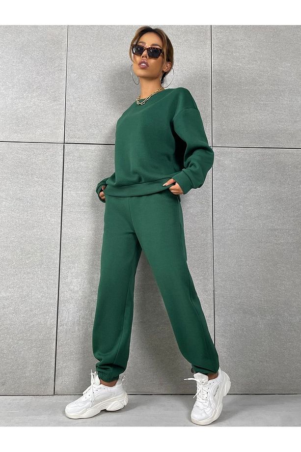 Basic Kalın Kışlık Sweatshirt Eşofman Altı Jogger - Nefti Yeşil Alt Üst Eşofman Takımı Bisiklet Yaka - 4