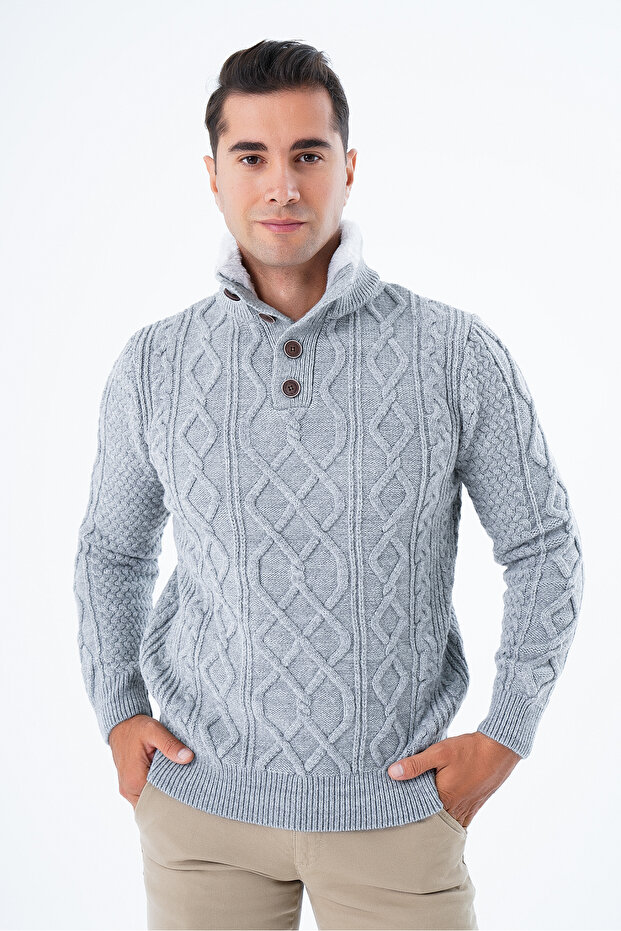 Gray Men's Fur Collared Short Placketed Buttoned Braided Hair Knitted Sweater Trist-5345