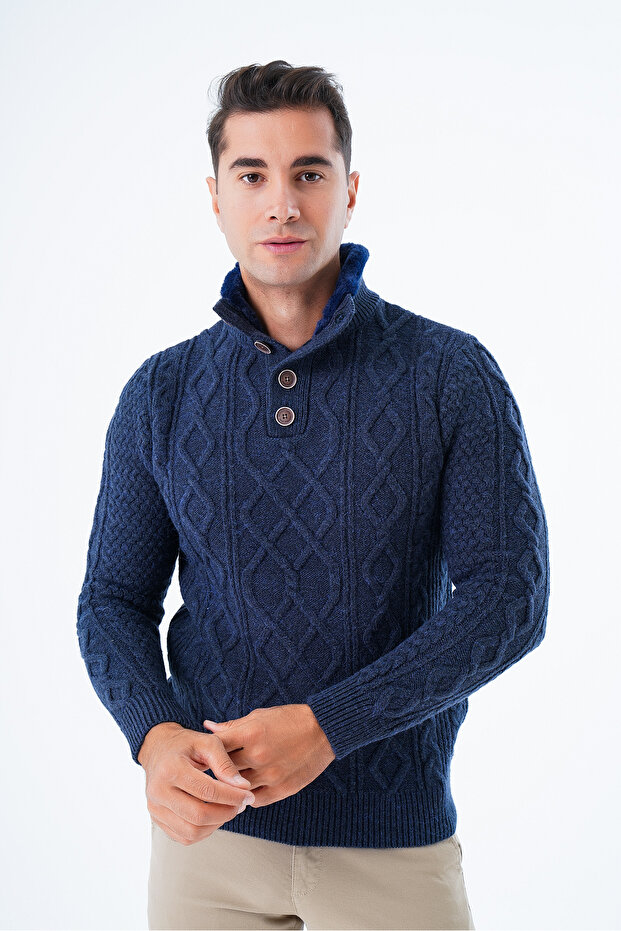 Navy Blue Men's Fur Collared Short Placketed Buttoned Braided Hair Knitted Sweater Trist-5345