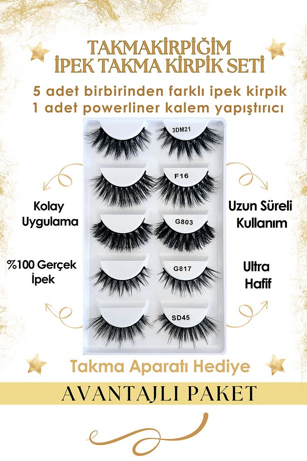 Beşli Yoğun Ipek Takma Kirpik Set Ve Powerliner Şeffaf Kalem Yapıştırıcı (APARAT HEDİYE) - 1