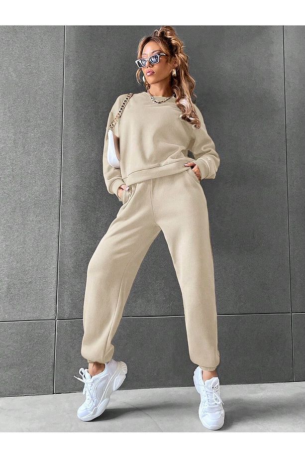 Basic Kalın Kışlık Sweatshirt Eşofman Altı Jogger Bej Alt Üst Eşofman Takımı Bisiklet Yaka - 4
