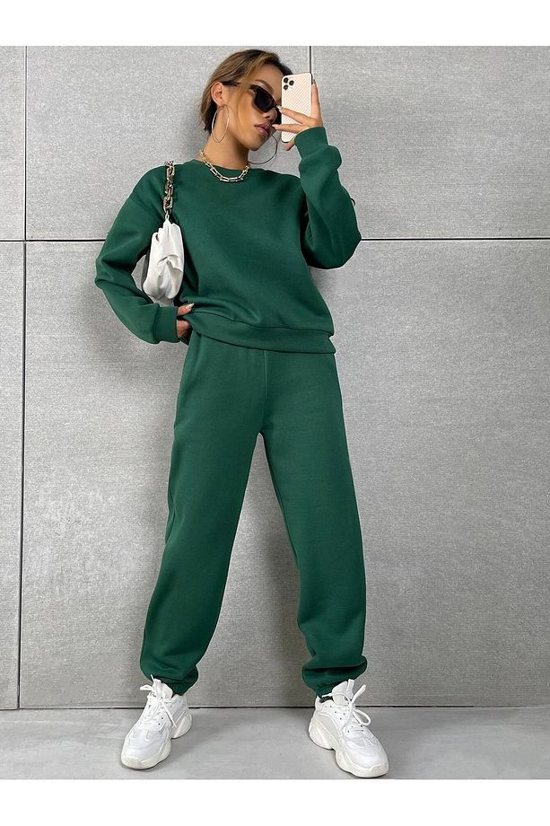 Basic Kalın Kışlık Sweatshirt Eşofman Altı Jogger - Nefti Yeşil Alt Üst Eşofman Takımı Bisiklet Yaka - 5