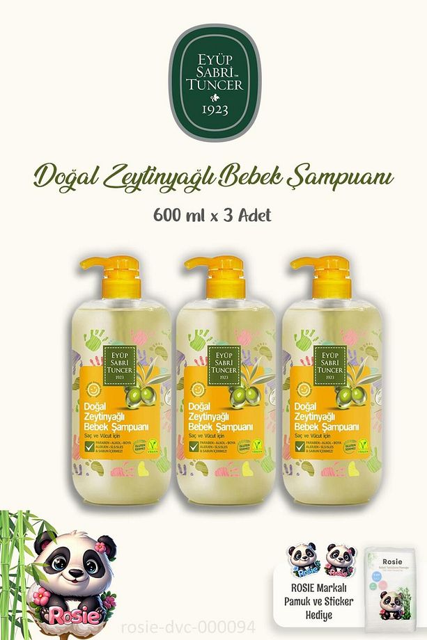 3 Adet Eyüp Sabri Tuncer Doğal Zeytinyağlı Bebek Şampuanı 600 ml ve ROSIE Pamuk - 1