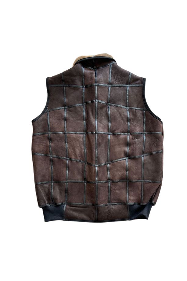 PatchWork İçi Kürk-Dışı Süet Hakiki Deri Yakalı Biye ve Triko Detaylı Yelek - 2