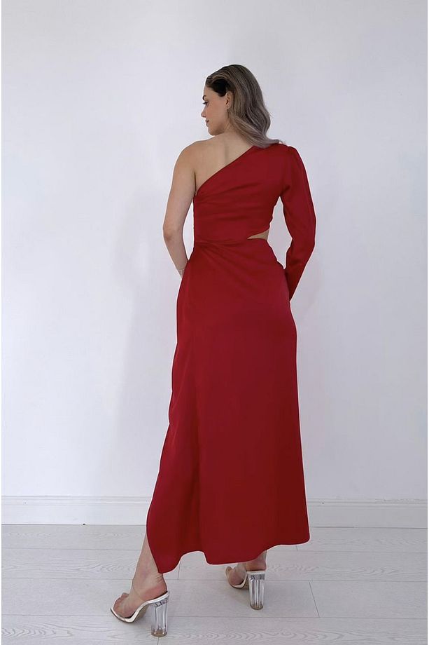 Kırmızı Saten Tek Kol Yırtmaçlı Elbise - 4