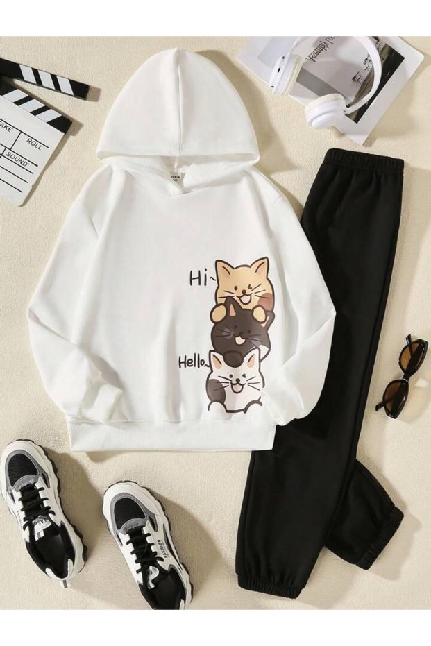 Children's White Hooded Hi Cats Printed Sweatshirt Tracksuit Set White-Black