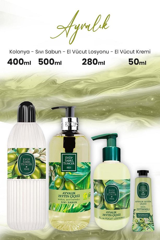 Ayvalık Zeytin Vücut Losyonu 280 Ml, Sıvı Sabun 500 Ml, Kolonya 400 ml Ve Krem 50 - 1