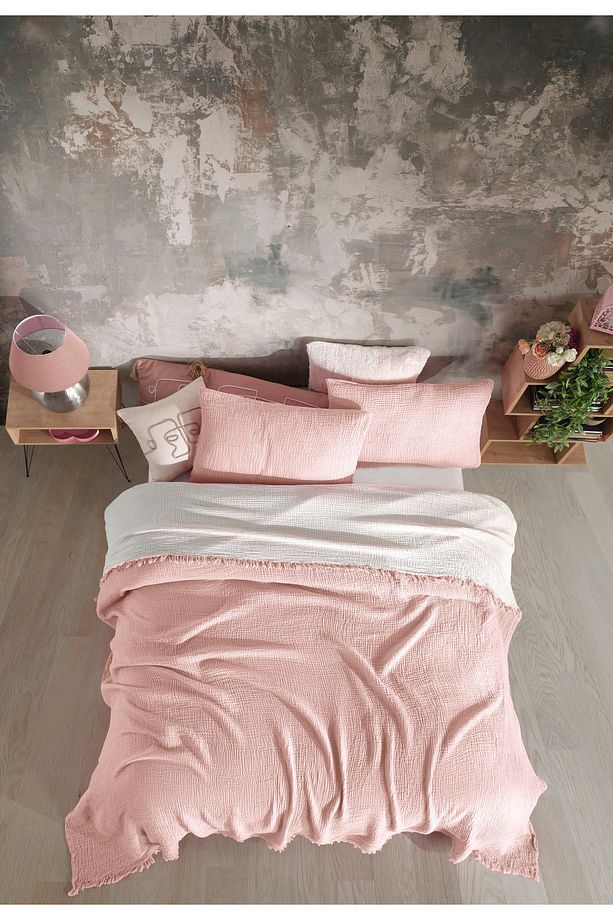 Pembe Tek Kişilik 160x240cm Yatak Örtüsü/1 Adet 50x70cm Yastık 4 Katlı Multi Muslin %100 Pamuk - 1