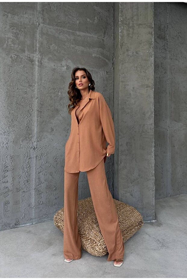 Sheer Fabric Shirt Pants Women's Set - Coffee