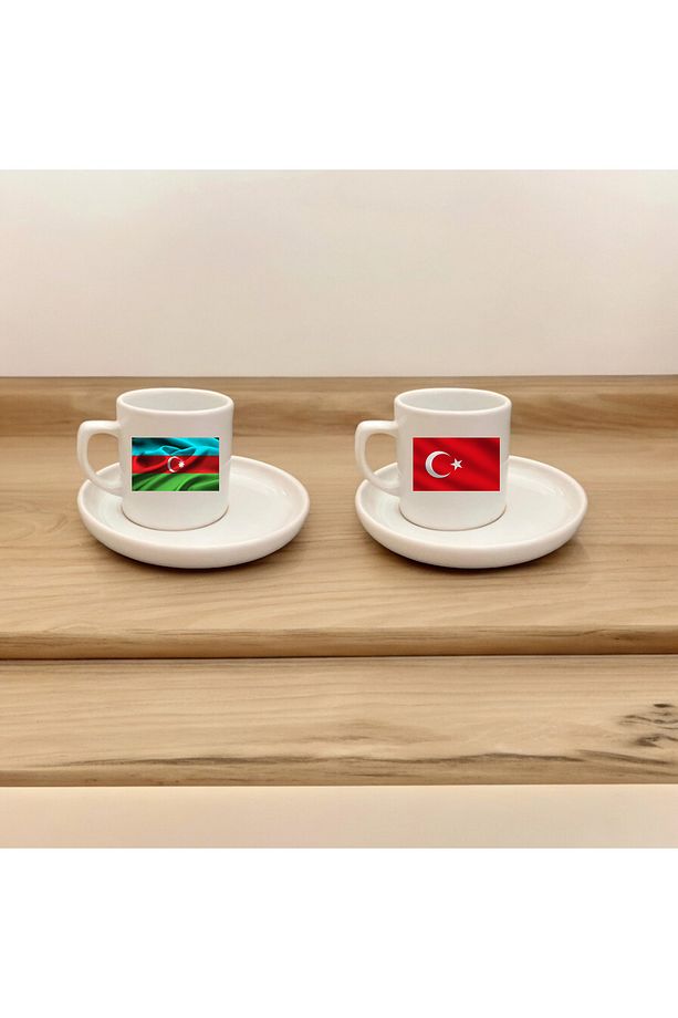 2'li Türk ve Azerbaycan Bayraklı  Kahve Fincanı Seti, A Kalite 2'li fincan /mug Seti - 1