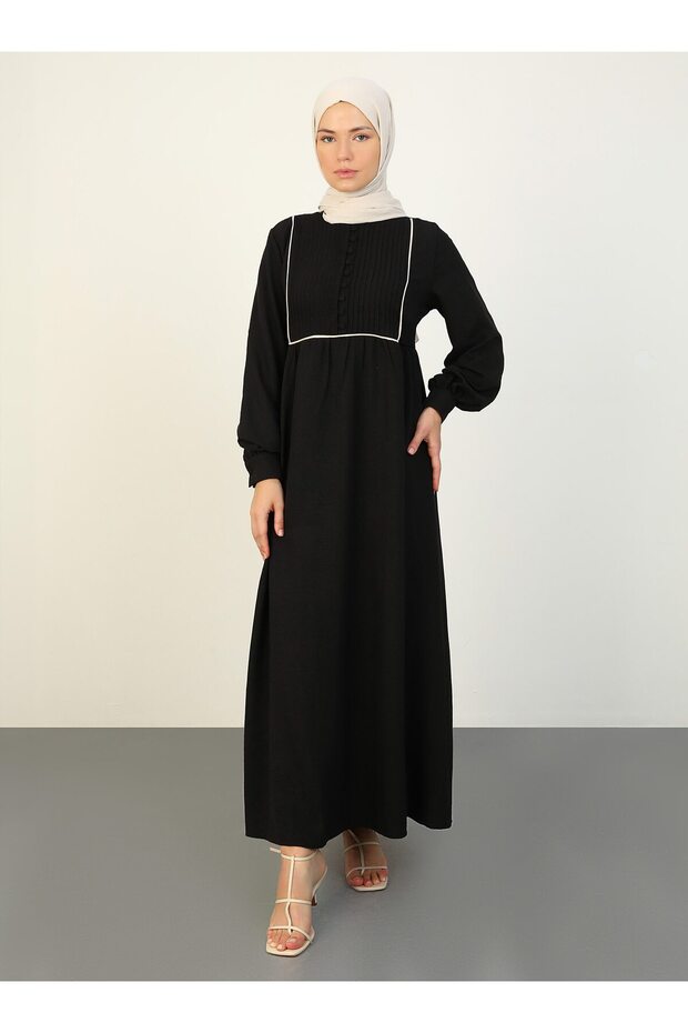 Refka Casual Black Hijab Dress - Ribbed Detail and Buttons