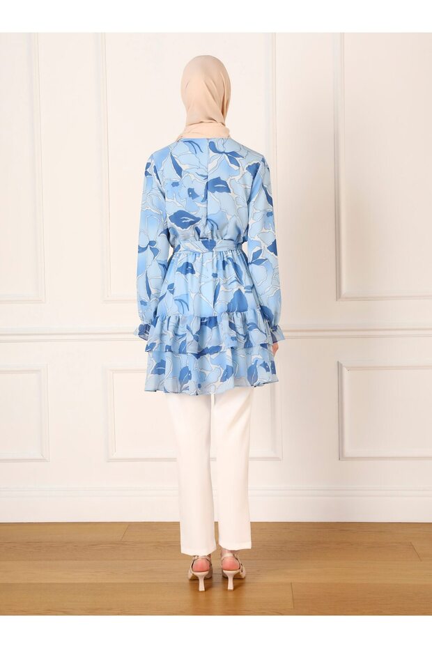 Blue Leaf Patterned Chiffon Tunic - Refka - 5