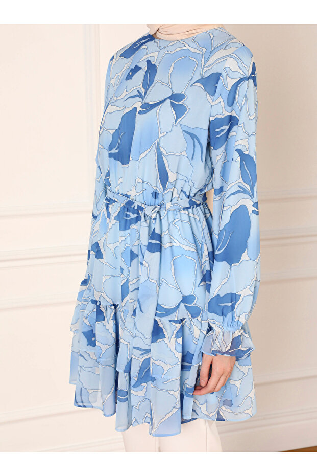 Blue Leaf Patterned Chiffon Tunic - Refka - 4