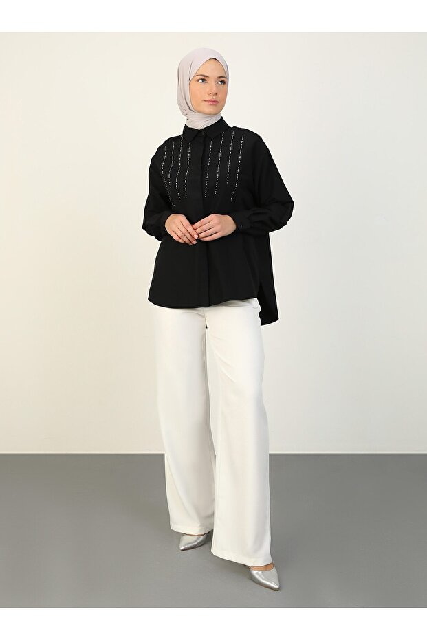 Stone Detailed Poplin Fabric Tunic - Black - Refka