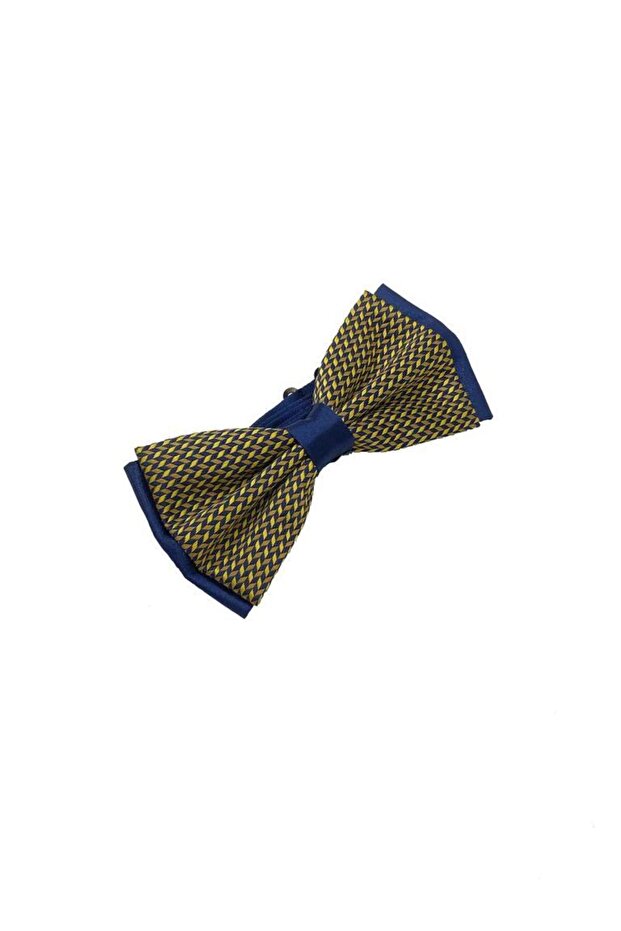 ربطة عنق منقوشة باللون الأزرق الداكن والأصفر - 2