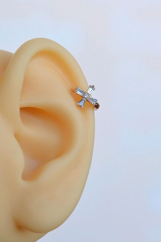 Zirkon Taşlı Mini Cross Tragus Piercing Helix Kıkırdak Küpe - 3