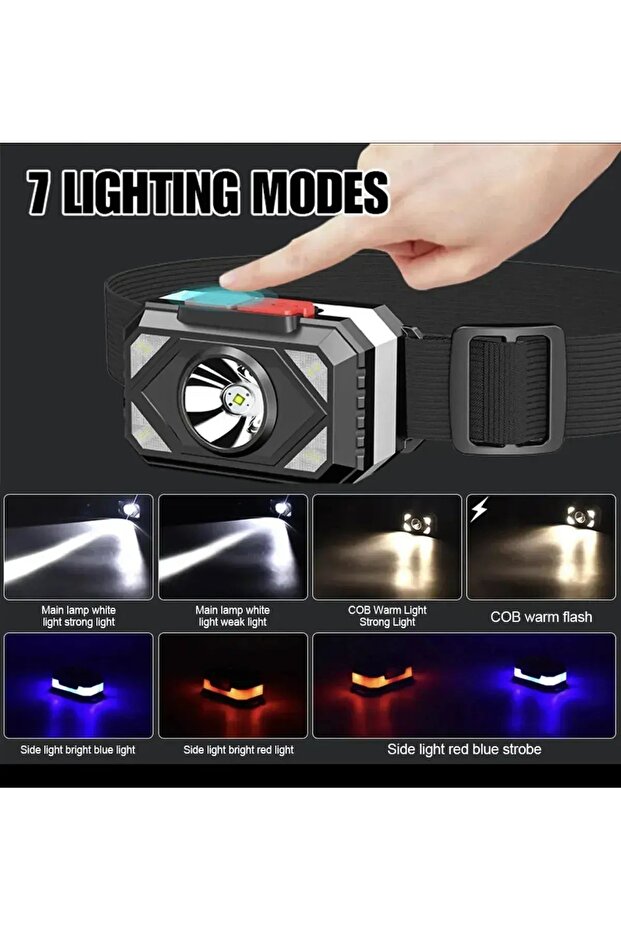 KAFA FENERİ  COB LED + SARI MAVİ KIRMIZI IŞIK ÇAKARLI ŞARJLI HY-003 - 1